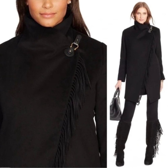 New! Ralph Lauren Fringe Buckle Wrap Black Coat Plus Size 14 - Picture 2 of 14
